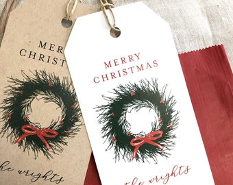 Merry Christmas Wreath Gift Favor Tags - Merry Christmas Wreath Party Name Tags, Christmas Wreath Gift Tags, Gift Tags, Christmas Tags