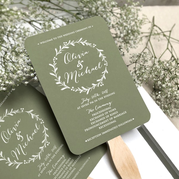 Green Wedding Program Fans Wooden Sticks Included, Sage Green Wedding Program Fan, Printed Greenery Ceremony Wedding Fan, Simple Program Fan