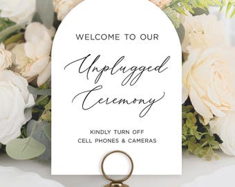 Unplugged Ceremony Wedding Sign, Printed Unplugged Ceremony Sign, Arched Table Signs to Place in Holders, Holders not Included