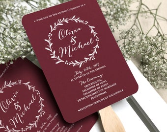 Maroon Wedding Program Fans, Printed, Includes Wooden Sticks, Maroon Wedding Program Fans, Wedding Fan, Simple Wedding Wreath Ceremony Fans