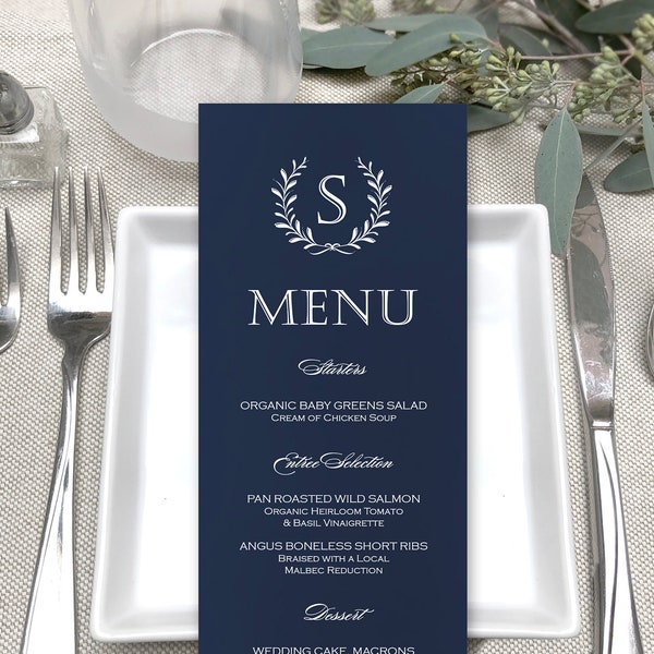 Winter Wedding Menus - Navy Blue Monogram Winter Wedding Menu Card - White Printing Winter Holiday Dinner Menu Cards - Navy Blue