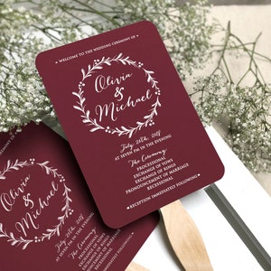 Maroon Wedding Program Fans, Printed, Includes Wooden Sticks, Maroon Wedding Program Fans, Wedding Fan, Simple Wedding Wreath Ceremony Fans