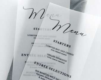 Vellum Wedding Dinner Menu Cards - Printed Colored Ink Vellum Menus - Vellum Menus For Reception Tables - Translucent Vellum Menus