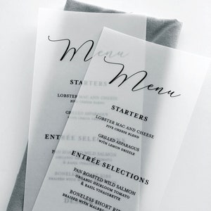 Vellum Wedding Dinner Menu Cards - Printed Colored Ink Vellum Menus - Vellum Menus For Reception Tables - Translucent Vellum Menus