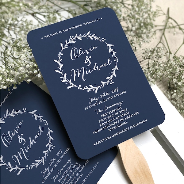 Navy Blue Wedding Program Fans Wooden Sticks Included  - Navy Blue Wedding Program Fans - Printed Ceremony Wedding Fan  Simple Ceremony Fans