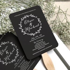 Black and White Wedding Program Fans with Wooden Sticks, Printed Black Wedding Program Fans, Ceremony Wedding Fan, White Ink, You Assemble