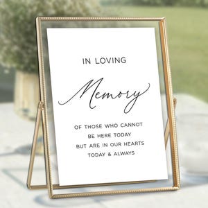 May include: A gold-framed sign with the words "IN LOVING Memory" in elegant script. The sign continues with text: "OF THOSE WHO CANNOT BE HERE TODAY BUT ARE IN OUR HEARTS TODAY & ALWAYS". The sign is on a white background.