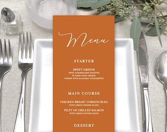 Orange Wedding Menu Card - Modern White Printing Wedding Menu Cards - Terracotta, Rust, Sienna