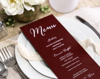 Maroon Wedding Dinner Menu Cards - White Ink Printing Dinner Menu Cards - Merlot Burgundy Table Decor - Wine Tasting Menu