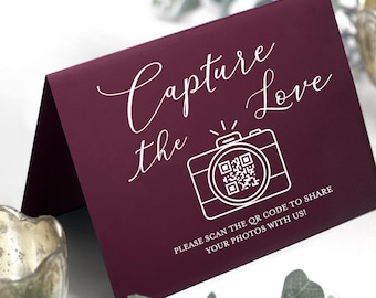 Capture the Love QR Code Cards, Wedding QR Code Table Signs with Camera,  Printed Wedding Table Signs, Many Colors Available