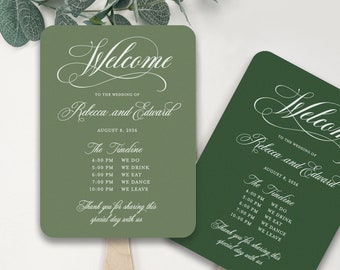 Green Wedding Timeline Fans, Printed Wedding Program Fan, Wooden Stick Included, Hand Held Wedding Fans, Many Colors Available, You Assemble