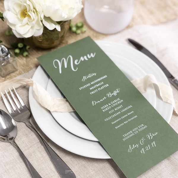 Green Wedding Menu Cards - White Printing Dinner Menu Cards - Greenery Table Decor - Nature Inspired Fern Green