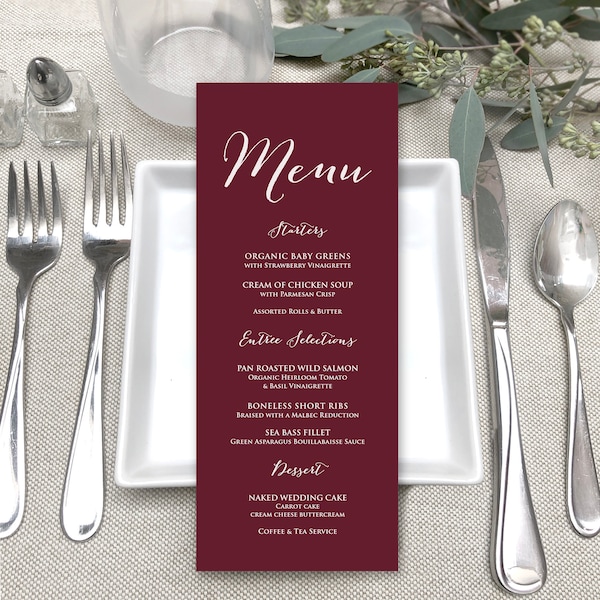 Maroon Burgundy Printed Menu Cards - Holiday Dinner Menu Cards -Modern White Printing Maroon Menu Cards - Fall Wedding Menus - Wine Wedding