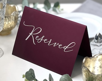 Maroon Reserved Wedding Table Sign, Customized Table Sign, Reserved Seating for Wedding Ceremony, Folded Maroon Reserved Signs, White Ink