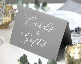 study table on wall Printed Gray Cards and Gifts Wedding Table Sign, Folded Gray Gift Table Sign, Table Signs with White Ink, For Bridal Shower or Wedding