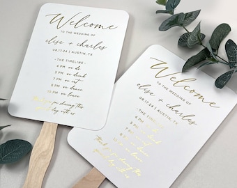 Printed Gold Foil Wedding Timeline Fans Wooden Sticks Included, Real Gold Foil Wedding Program Fan, Printed Ceremony Fan, Simple Program Fan