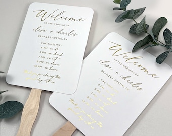 Metallic Gold Wedding Timeline Fans Wooden Sticks Included, Real Gold Foil Wedding Program Fan, Printed Ceremony Fan, Simple Program Fan