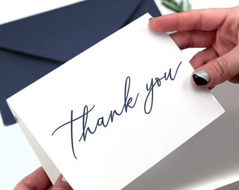 Folded Thank You Cards Set of 8 - Navy Blue Wedding or Bridal Shower Thank You Cards - Folded Note Cards with Navy Envelopes