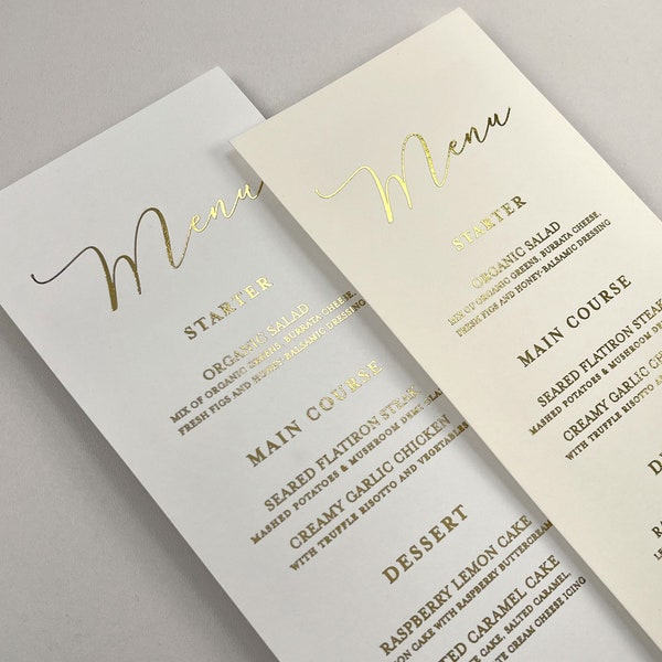 NEW! Printed Gold Foil Dinner Menu Cards, Printed Shiny Wedding Gold Foil Menus, Gold Menus For Reception Tables, Printed Menu Cards