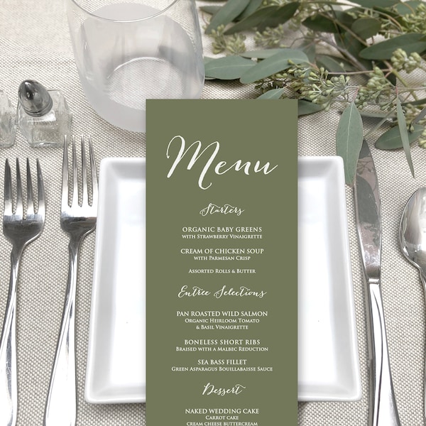 Green Wedding Menu Cards - Modern White Printing Wedding Menu Cards - Greenery Theme Table Decor - Nature Inspired Fern Green