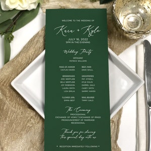 May include: A green wedding program card with white text. The card includes the names Kara and Kyle, the date July 16, 2022, and the time 5 PM. The card also includes the names of the wedding party members and the ceremony details.