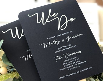 Black and White Wedding Program Fans For Outdoor Ceremony, Wooden Sticks Included, Black Printed Wedding Program Fans - White Custom Text