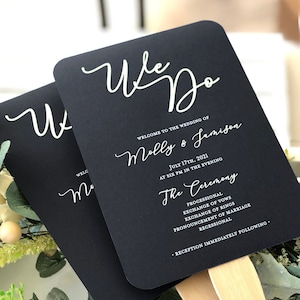 Black and White Wedding Program Fans For Outdoor Ceremony, Wooden Sticks Included, Black Printed Wedding Program Fans - White Custom Text