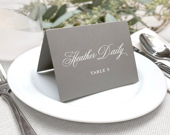 Classic Printed Wedding Place Cards, White Ink on Colored Wedding Escort Cards, Meal Options Available, Folded Customized Wedding Name Cards