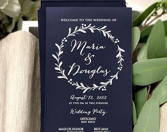 Navy Wedding Ceremony Programs, Single Printed Wedding Ceremony Program Card, Wedding Program with Bridal Party - White Custom Text