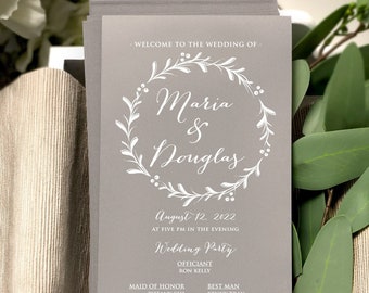 Floral Wreath Wedding Ceremony Programs, Long Card Wedding Ceremony Program Printed, Wedding Program with Bridal Party - White Custom Text