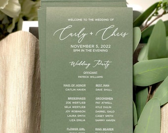 Green Wedding Programs, Printed Wedding Ceremony Programs, Custom Wedding Program with Bridal Party - White Custom Text