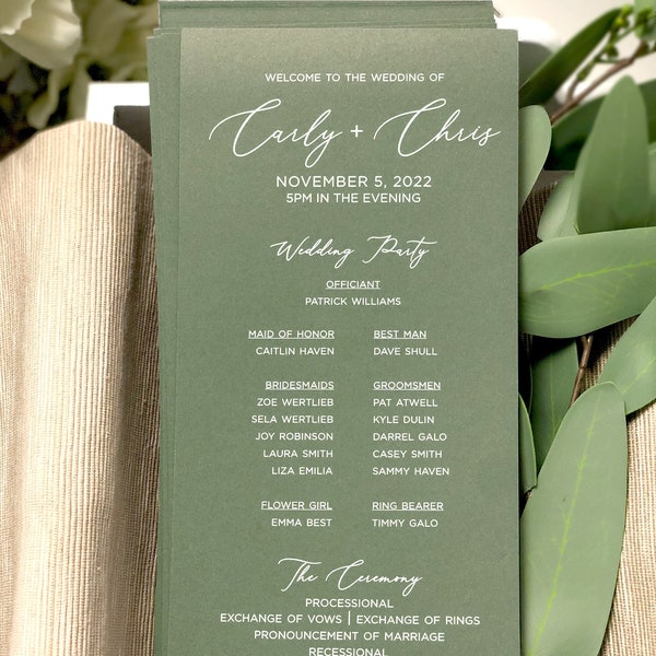 Green Wedding Programs, Printed Wedding Ceremony Programs, Custom Wedding Program with Bridal Party - White Custom Text