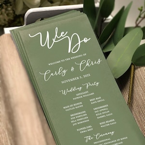 Printed Green Wedding Programs White Ink, Wedding Ceremony Program, Custom We Do Wedding Program with Bridal Party
