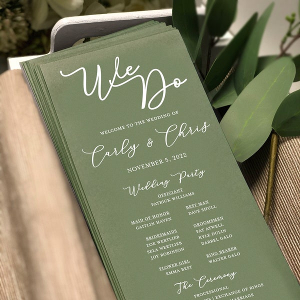 Printed Green Wedding Programs White Ink, Wedding Ceremony Program, Custom We Do Wedding Program with Bridal Party