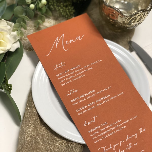 Orange Wedding Dinner Menu Cards, Fall Wedding Printed White Ink Wedding Menus, Menus For Reception Tables, Colored Menus White Ink