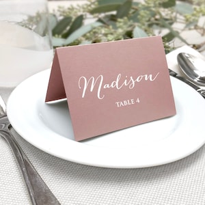 Pink Rose Place Cards - Dusty Pink Rose Wedding Escort Cards - Mauve Folded Pink Wedding Printed Name Cards - Printed with White Text