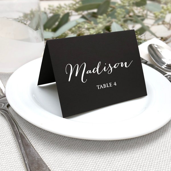 Black Place Cards, Printed Black and White Wedding Escort Cards, Simple Modern Black with White Printing Name Cards, Modern Place Cards