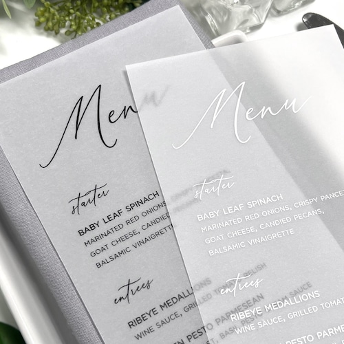 Vellum Wedding Dinner Menu Cards Printed White or Black Ink Etsy