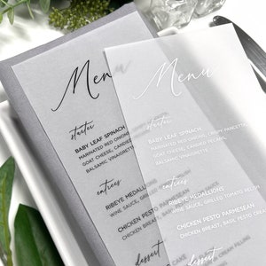 Vellum Wedding Dinner Menu Cards - Printed White or Black Ink Vellum Menus - Vellum Menus For Reception Tables - Translucent Vellum Menus