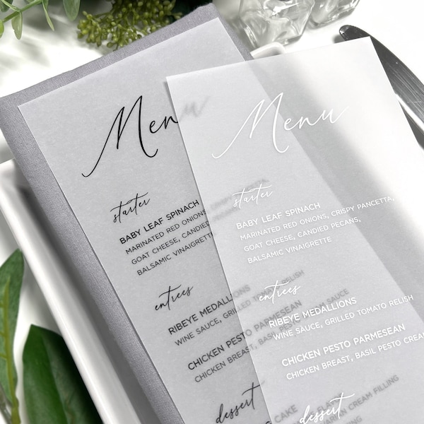 Vellum Wedding Dinner Menu Cards - Printed White or Black Ink Vellum Menus - Vellum Menus For Reception Tables - Translucent Vellum Menus