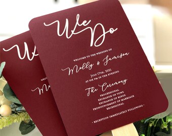 Fall Wedding Program Fans Maroon and White - Wooden Sticks Included  - Maroon Wedding Program Fans - White Custom Text, You Assemble