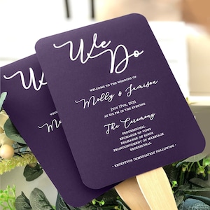 Purple Wedding Program Fans with Wooden Sticks, Dark Plum Purple Wedding Programs, Purple Decor, Printed Fans, Includes Sticks, You Assemble