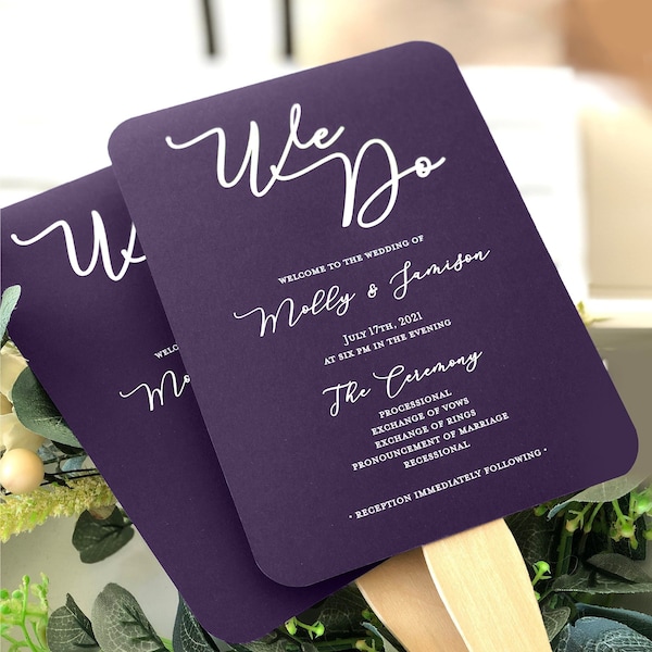 Purple Wedding Program Fans with Wooden Sticks, Dark Plum Purple Wedding Programs, Purple Decor, Printed Fans, Includes Sticks, You Assemble