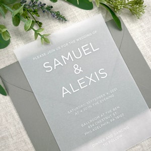 Modern Minimalist Vellum Wedding Invites,  Printed Vellum Invitation Inserts, Vellum Paper, White or Black Ink, 5x7, Envelopes Not Included