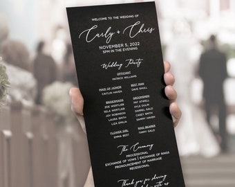 Black and White Wedding Ceremony Programs, Printed Wedding Ceremony Programs, Custom Wedding Program with Bridal Party - White Ink Printing