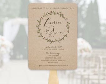Program Fans Includes Wooden Sticks - Wedding Program Fans - Printed Ceremony Fan for Wedding - Simple Wedding Woodland Wreath Ceremony Fans