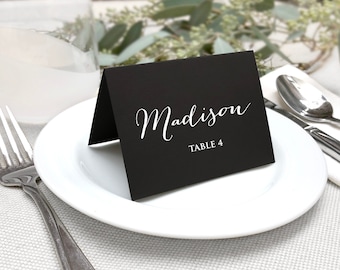 Black Place Cards, Printed Black and White Wedding Escort Cards, Simple Modern Black with White Printing Name Cards, Modern Place Cards