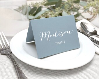 Dusty Light Blue Wedding Place Cards - Light Blue Wedding Escort Cards - Folded Blue Wedding Printed Name Cards - Printed with White Text