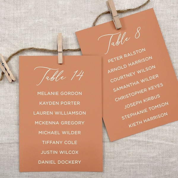 Terracotta Wedding Seating Chart Cards, Printed Reception Seating Cards, DIY Seating Display, 5x7 Printed Table Lists