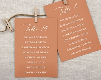 Terracotta Wedding Seating Chart Cards, Printed Reception Seating Cards, DIY Seating Display, 5x7 Printed Table Lists
